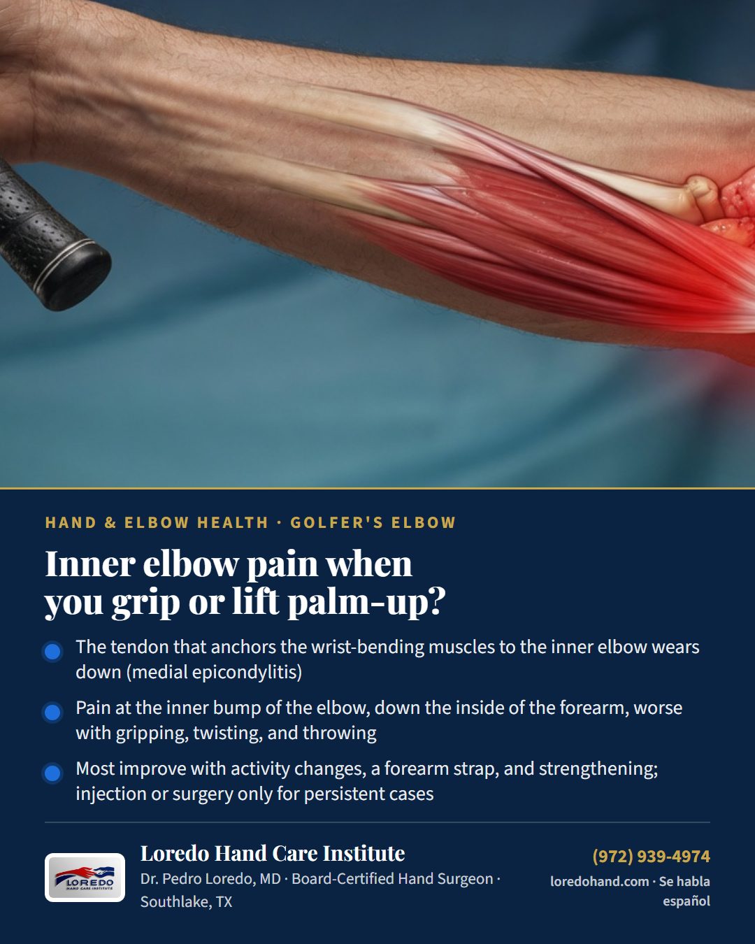Inner elbow pain when you grip or lift palm-up? Loredo Hand Care Institute patient education card