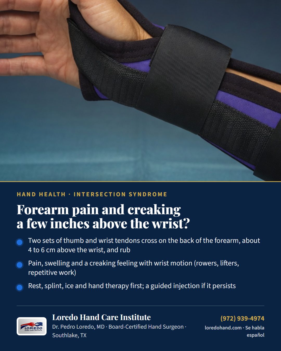 Forearm pain and creaking a few inches above the wrist? Loredo Hand Care Institute patient education card