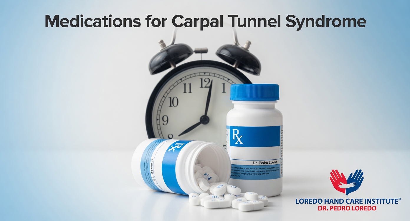 Medications for carpal tunnel syndrome including prescription bottles with Dr. Pedro Loredo labeling, an alarm clock signaling consistent dosing schedule, and oral tablets representing NSAIDs and other anti-inflammatory medications used in conservative treatment. Created for Loredo Hand Care Institute.