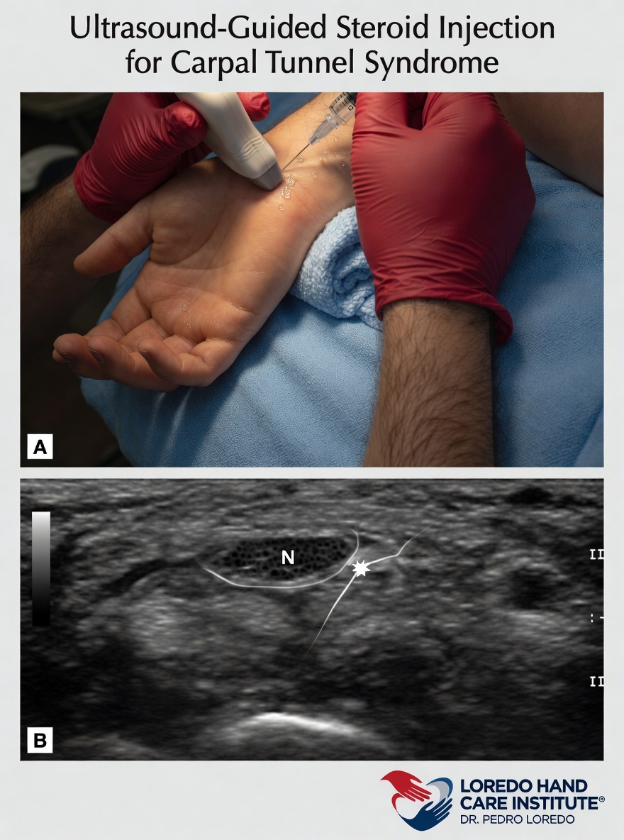 Ultrasound-guided steroid injection for carpal tunnel syndrome. Panel A shows the clinical injection technique with the needle entering at the standard injection site at the wrist. Panel B shows the ultrasound image with the median nerve labeled N and the needle tip placement visualized. Created for Loredo Hand Care Institute by Dr. Pedro Loredo.