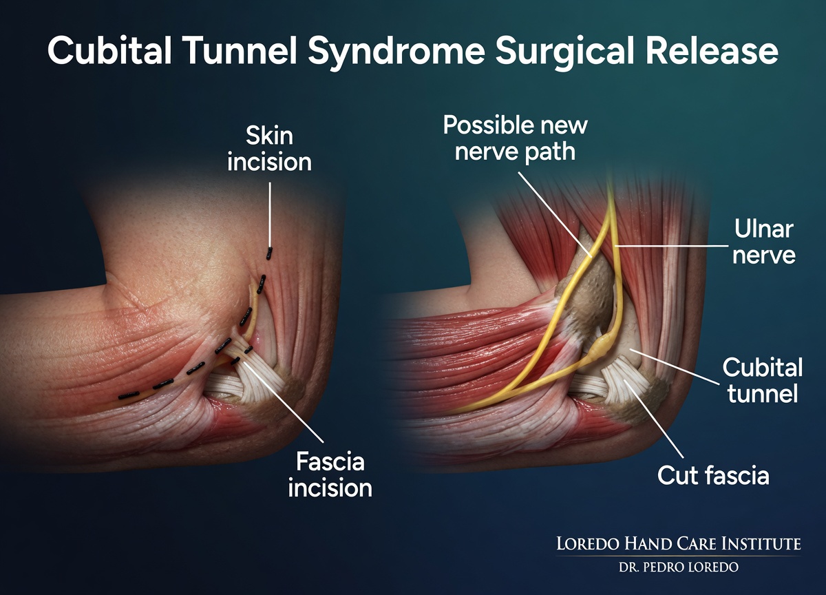 Two-panel illustration of cubital tunnel syndrome surgical release. Left panel shows the small skin incision and fascia incision at the medial elbow over the cubital tunnel. Right panel shows the released ulnar nerve highlighted in yellow with the cut fascia and cubital tunnel labeled, and a possible new nerve path indicating the option of anterior nerve transposition for select cases. Created for Loredo Hand Care Institute by Dr. Pedro Loredo.