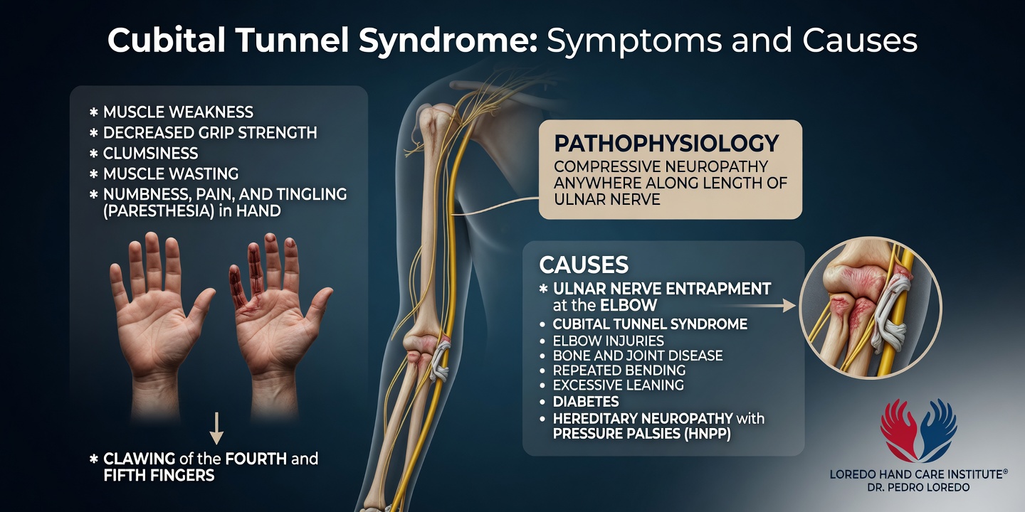 Cubital tunnel syndrome symptoms and causes infographic. Left panel lists symptoms: muscle weakness, decreased grip strength, clumsiness, muscle wasting, numbness pain and tingling paresthesia in the hand, and clawing of the fourth and fifth fingers shown on a hand image with the ulnar dermatome distribution highlighted. Center shows the upper extremity with the full ulnar nerve traced from the elbow distally. Right panel shows pathophysiology as compressive neuropathy along the ulnar nerve and lists causes including ulnar nerve entrapment at the elbow, cubital tunnel syndrome, elbow injuries, bone and joint disease, repeated bending, excessive leaning, diabetes, and hereditary neuropathy with pressure palsies. Created for Loredo Hand Care Institute by Dr. Pedro Loredo.