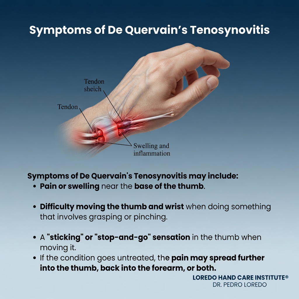 Symptoms of De Quervain tenosynovitis infographic showing a hand with the inflamed tendon and tendon sheath at the radial wrist marked with red swelling and inflammation. Symptom list includes pain or swelling near the base of the thumb, difficulty moving the thumb and wrist when grasping or pinching, a sticking or stop-and-go sensation in the thumb when moving it, and pain that may spread into the thumb or back into the forearm if untreated. Created for Loredo Hand Care Institute by Dr. Pedro Loredo.