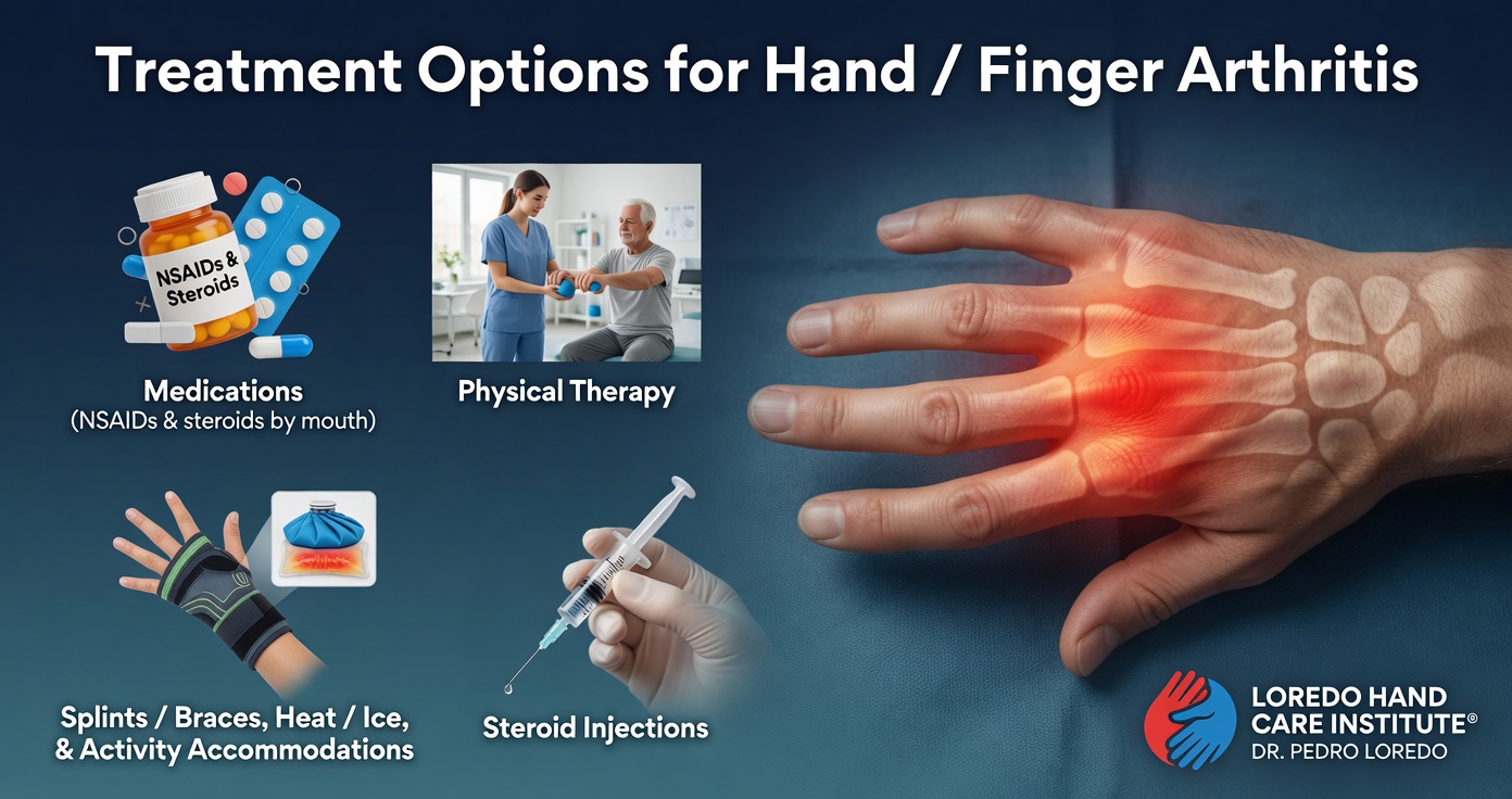 Treatment options for hand and finger arthritis infographic showing four conservative care categories: Medications (NSAIDs and steroids by mouth), Physical Therapy (hand therapist working with patient), Splints/Braces, Heat/Ice and Activity Accommodations, and Steroid Injections. Hand with arthritic joints highlighted in red on the right. Created for Loredo Hand Care Institute by Dr. Pedro Loredo.