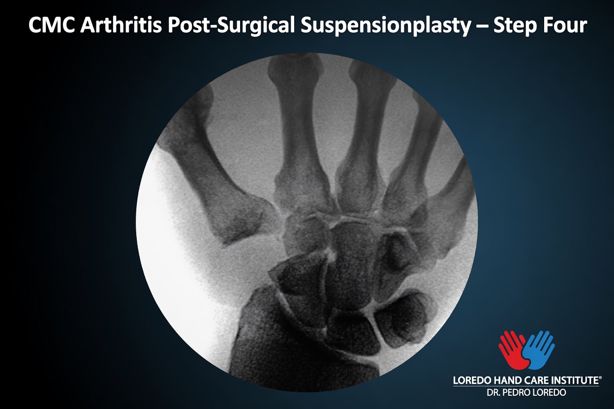 Step 4 of CMC arthritis surgery showing the post-operative X-ray of the completed V-configuration Suspensionplasty. The thumb metacarpal is properly suspended in anatomic position with the trapezium space appropriately maintained by the suture tape construct. Created for Loredo Hand Care Institute by Dr. Pedro Loredo.