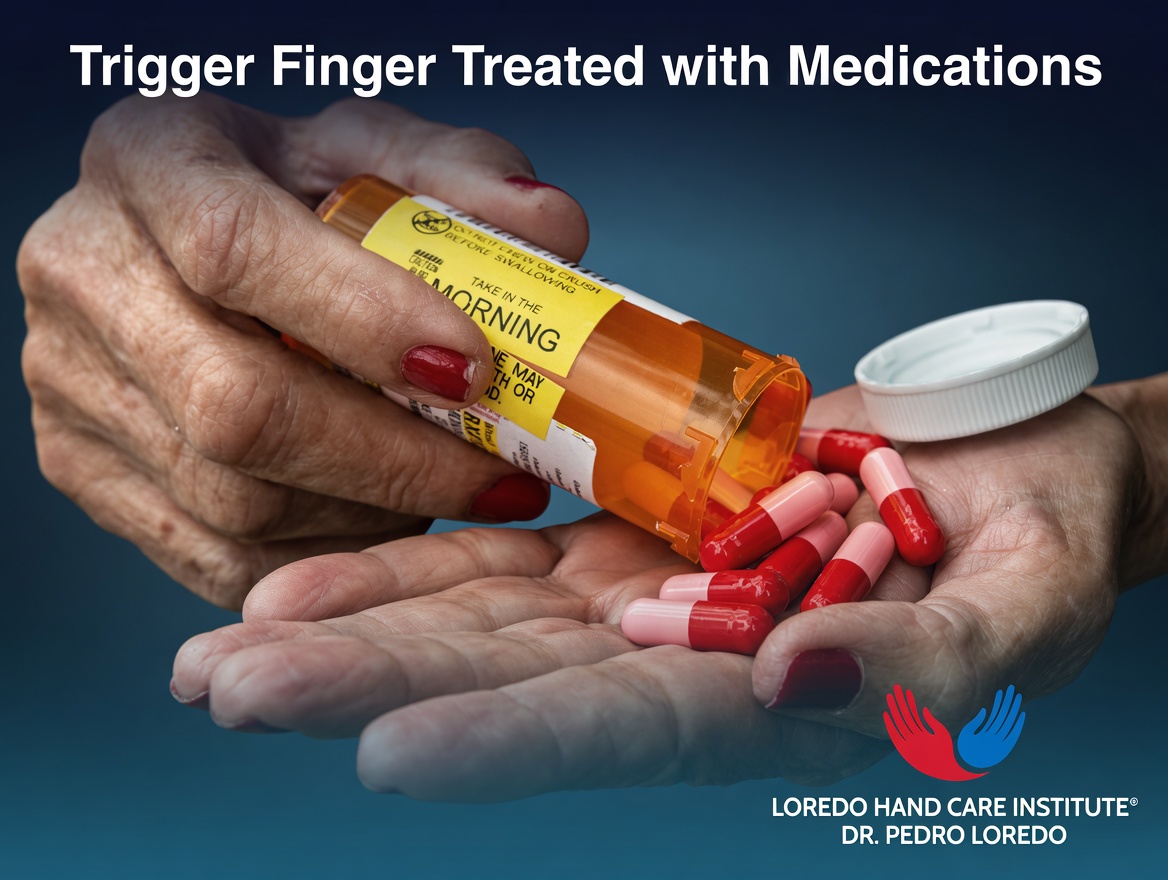 Trigger finger treated with medications photograph showing a prescription bottle being poured into a hand with capsules representing NSAIDs and other anti-inflammatory medications used in conservative treatment. Created for Loredo Hand Care Institute by Dr. Pedro Loredo.