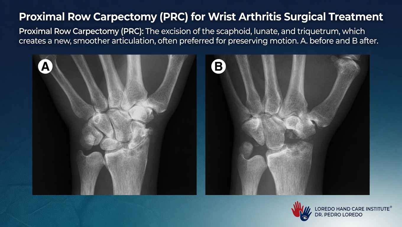 Proximal row carpectomy (PRC) for wrist arthritis surgical treatment shown with before X-ray (A) of the arthritic wrist and after X-ray (B) showing the scaphoid, lunate, and triquetrum removed creating a new smoother articulation between the radius and the capitate. Often preferred for preserving wrist motion. Created for Loredo Hand Care Institute by Dr. Pedro Loredo.