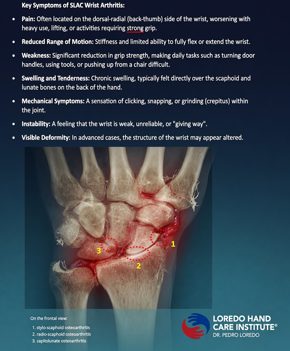 Key symptoms of SLAC wrist arthritis listed: pain on dorsal-radial side of wrist worse with strong grip, reduced range of motion, weakness, swelling and tenderness over scaphoid and lunate, mechanical clicking and grinding, instability, visible deformity. Anatomical wrist illustration shows three osteoarthritis sites: stylo-scaphoid, radio-scaphoid, and capitolunate. Created for Loredo Hand Care Institute by Dr. Pedro Loredo.