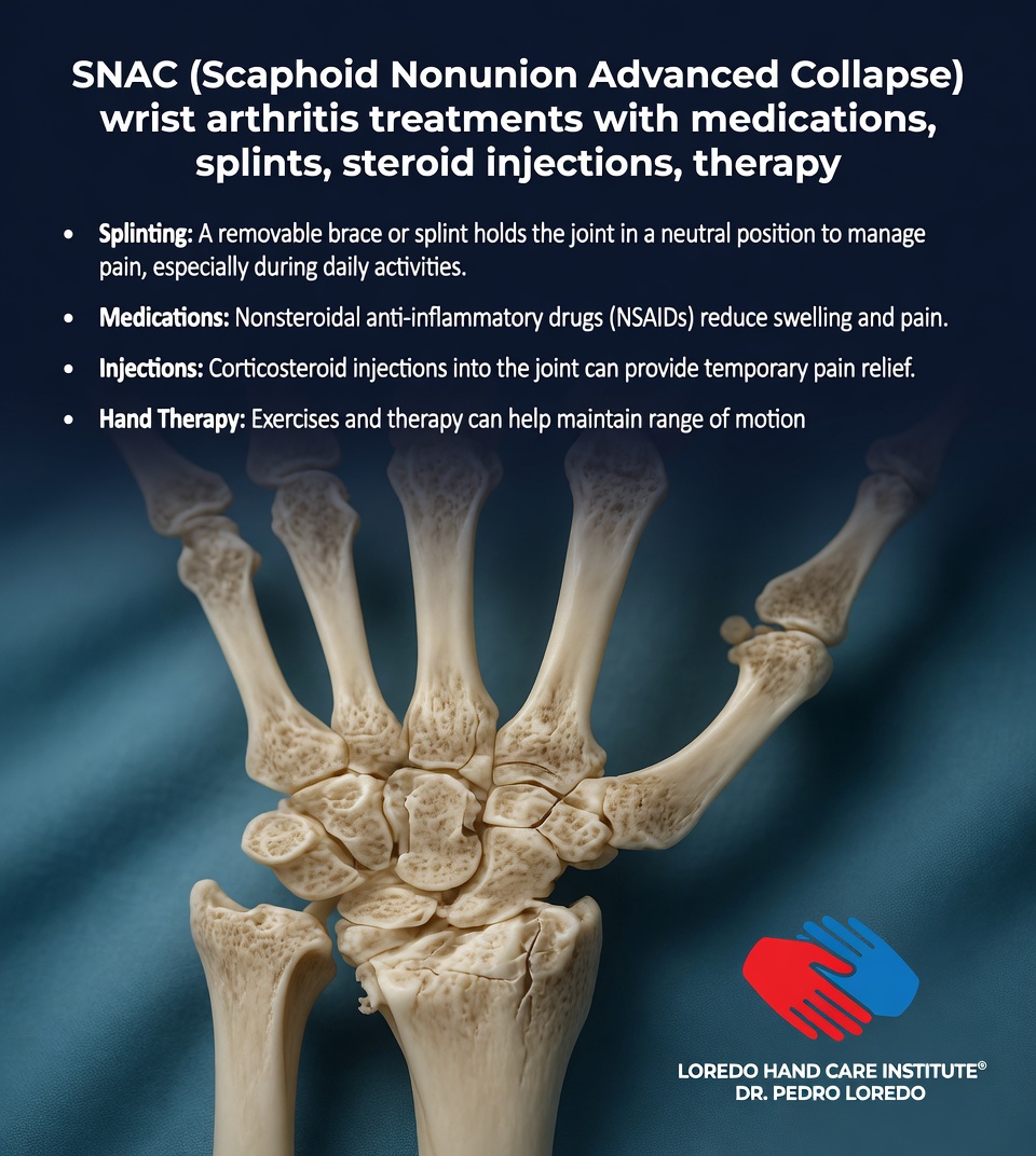 SNAC wrist arthritis treatments listed: splinting with removable brace in neutral position, NSAIDs to reduce swelling and pain, corticosteroid injections into the joint, hand therapy with exercises to maintain range of motion. Anatomical wrist skeleton illustration. Created for Loredo Hand Care Institute by Dr. Pedro Loredo.