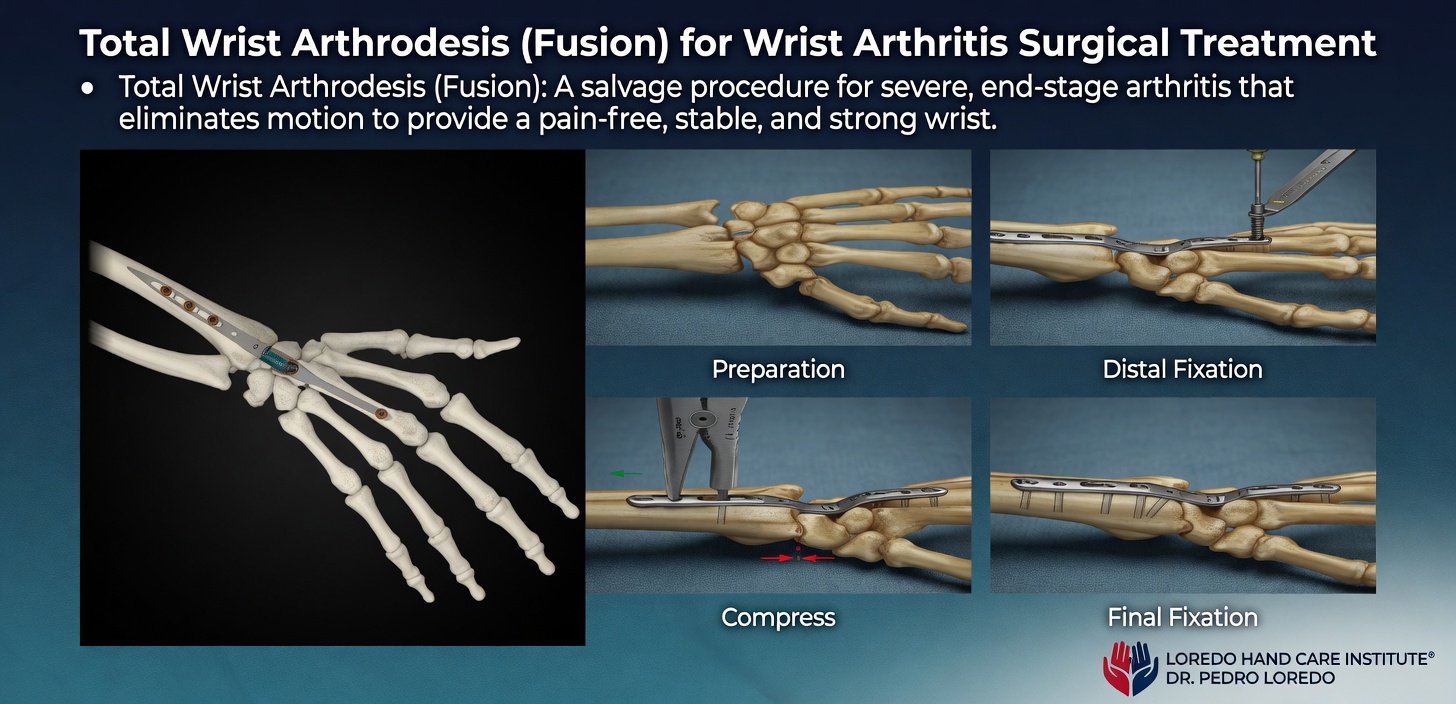 Total wrist arthrodesis (fusion) for wrist arthritis surgical treatment showing the wrist fusion plate construct on the left and the four surgical steps: preparation, distal fixation, compression, and final fixation across the wrist with a long dorsal plate. A salvage procedure for severe end-stage arthritis that eliminates motion to provide a pain-free, stable, strong wrist. Created for Loredo Hand Care Institute by Dr. Pedro Loredo.