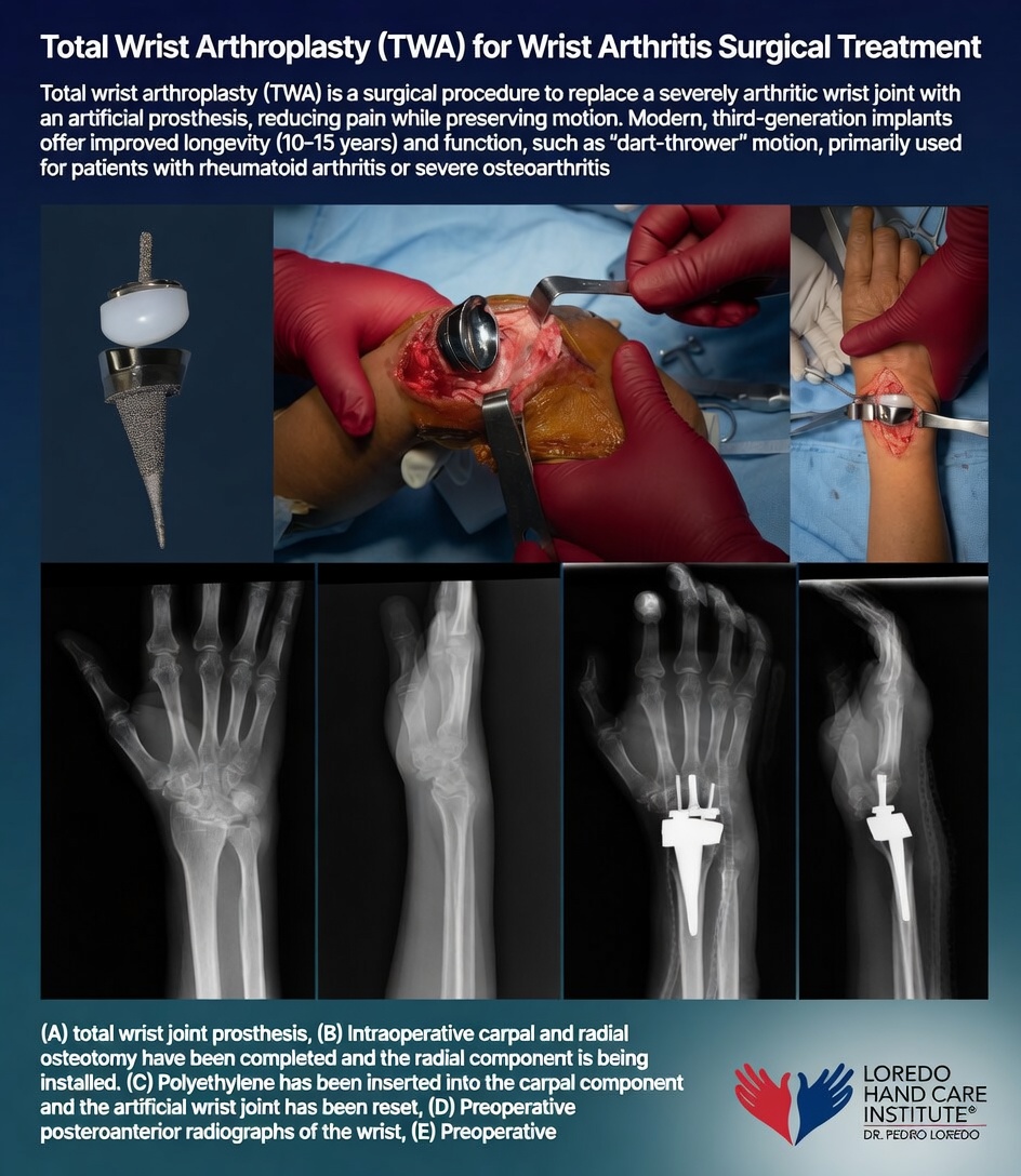 Total wrist arthroplasty (TWA) for wrist arthritis surgical treatment showing the modern third-generation total wrist joint prosthesis (top left), intraoperative photographs of the prosthesis being installed (top middle and right), and pre-operative through post-operative X-rays demonstrating the radial component, polyethylene insert, carpal component, and final reset of the artificial wrist joint. Modern implants offer 10 to 15 year longevity and dart-thrower motion preservation, used primarily for rheumatoid arthritis or severe osteoarthritis patients. Created for Loredo Hand Care Institute by Dr. Pedro Loredo.