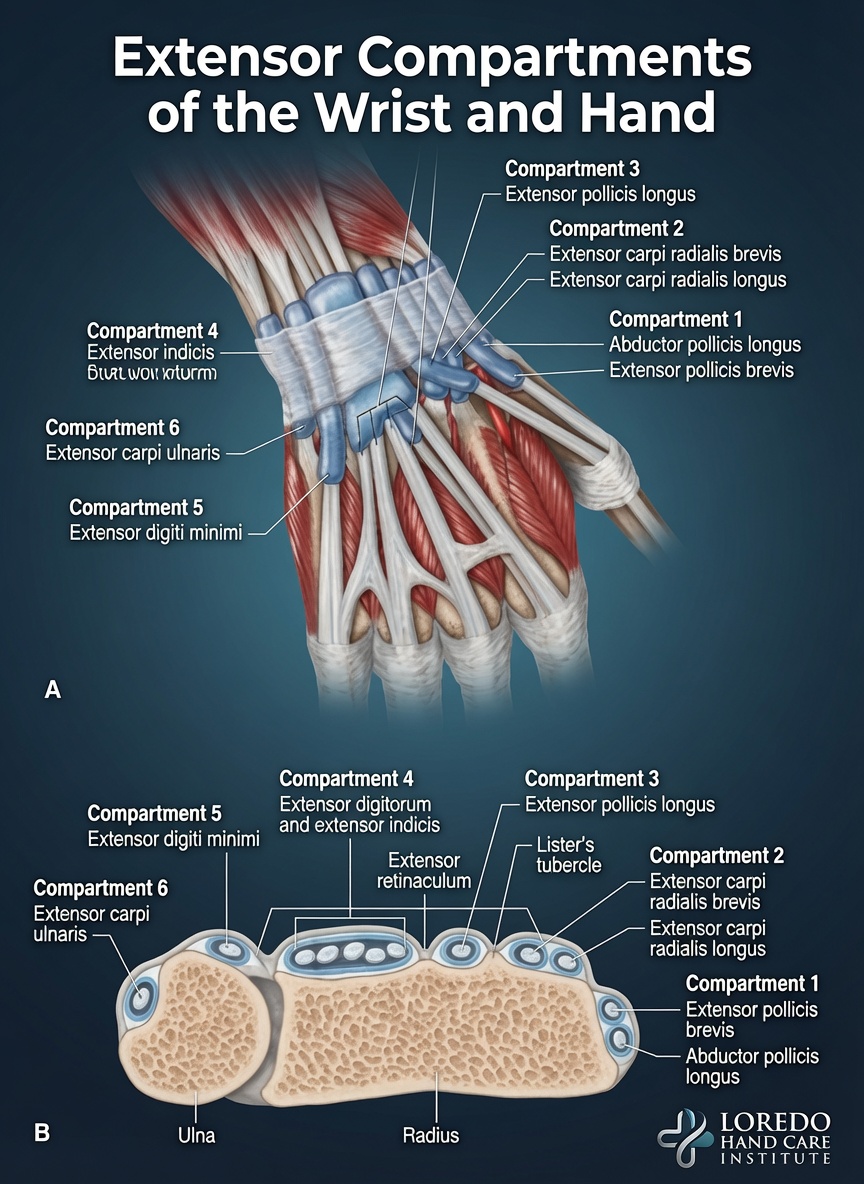 Anatomical illustration of the six dorsal extensor compartments of the wrist and hand, showing the extensor tendons grouped beneath the extensor retinaculum and labeled from the radial (thumb) side to the ulnar (small finger) side.