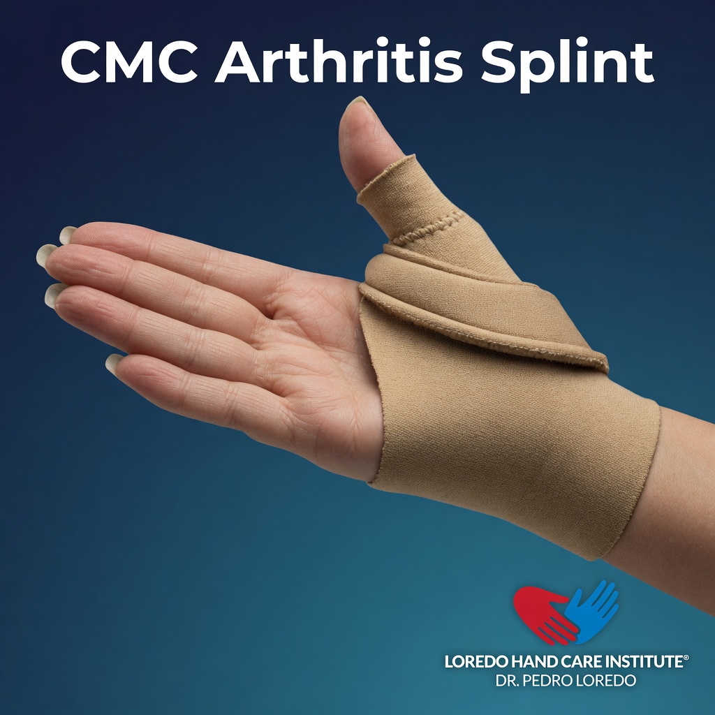 Thumb spica splint worn after CMC reconstruction surgery to protect the reconstructed thumb base during early healing.