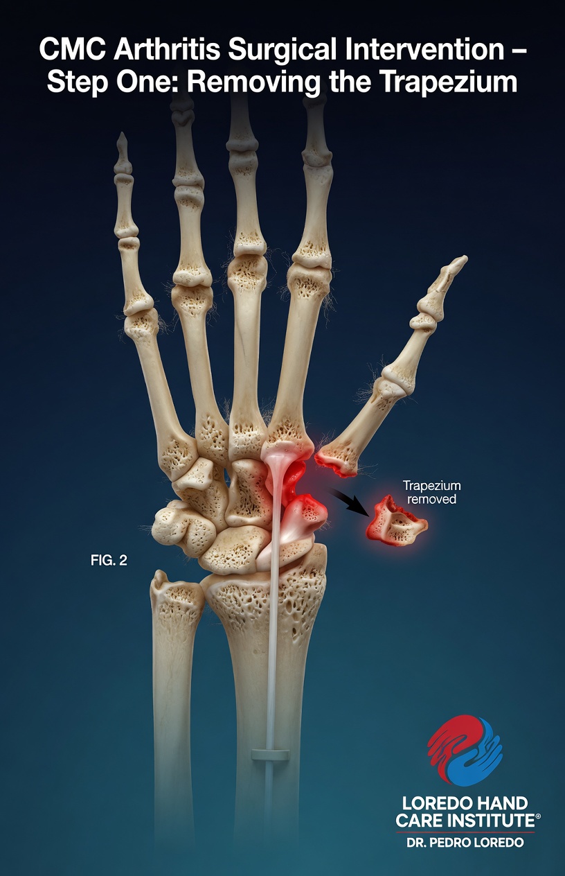 Trapeziectomy step of thumb CMC reconstruction: the arthritic trapezium bone is removed to eliminate bone-on-bone contact before suspensionplasty.