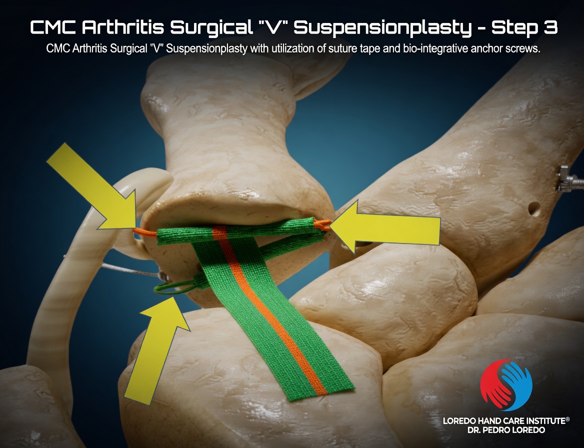 V-configuration suspensionplasty using suture tape and bio-integrative anchor screws to suspend the thumb metacarpal in proper anatomic position.