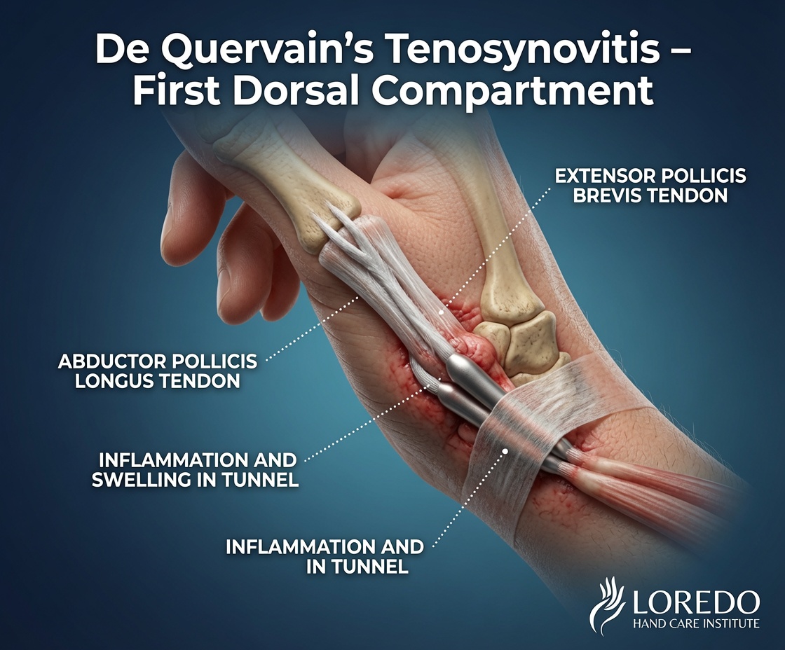 Anatomy of De Quervain's tenosynovitis showing the first dorsal compartment of the wrist with the abductor pollicis longus and extensor pollicis brevis tendons and their retinacular sheath at the radial styloid