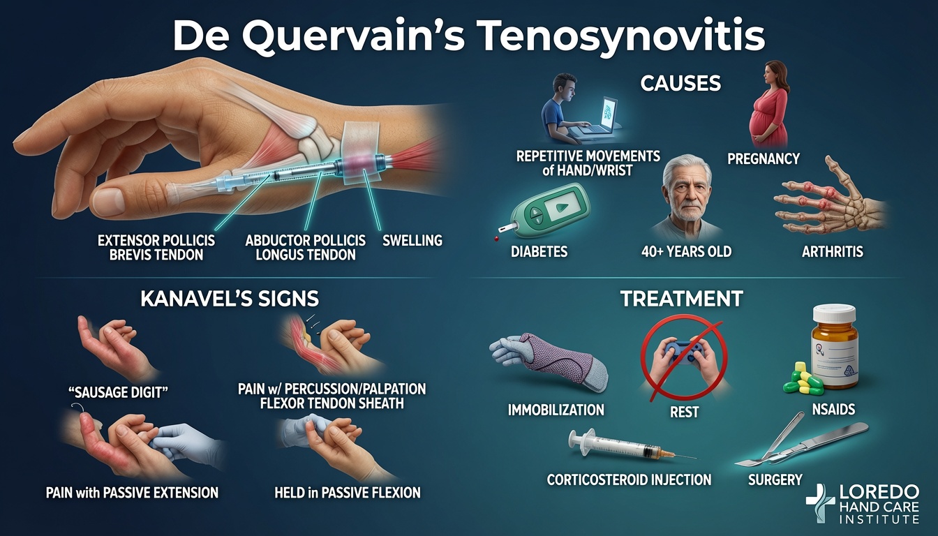 Causes, signs, and treatment overview for De Quervain's tendonitis, illustrating the presentation that identifies candidates for surgical release