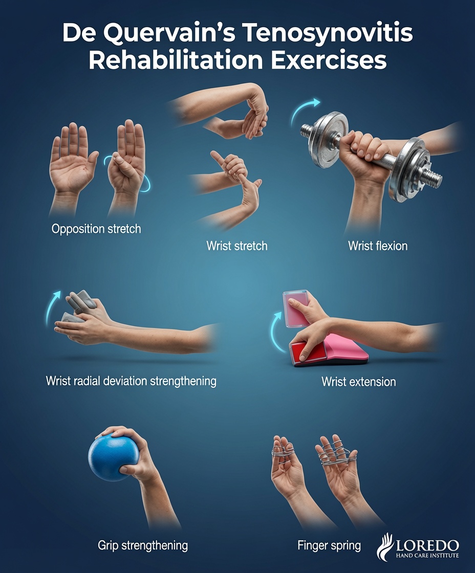 Rehabilitation exercises after De Quervain's release, showing thumb and wrist range-of-motion and gentle strengthening movements used during recovery