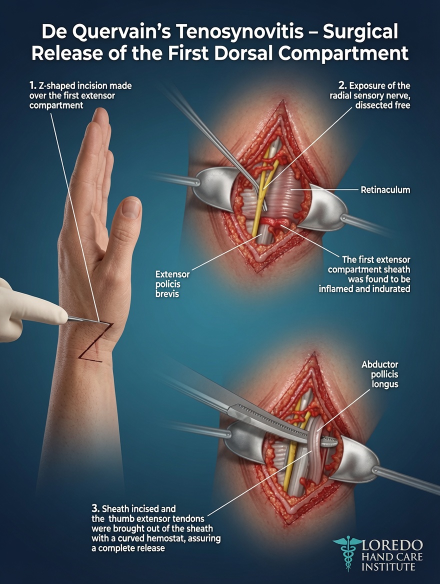 Surgical release of the first dorsal compartment for De Quervain's tenosynovitis, showing the retinaculum divided and the APL and EPB tendons decompressed