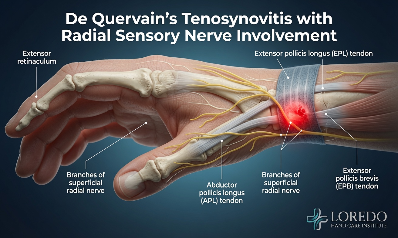 De Quervain's tenosynovitis with superficial radial sensory nerve involvement, illustrating how the nerve crosses the surgical field and contributes to pain in the wrist, hand, and forearm