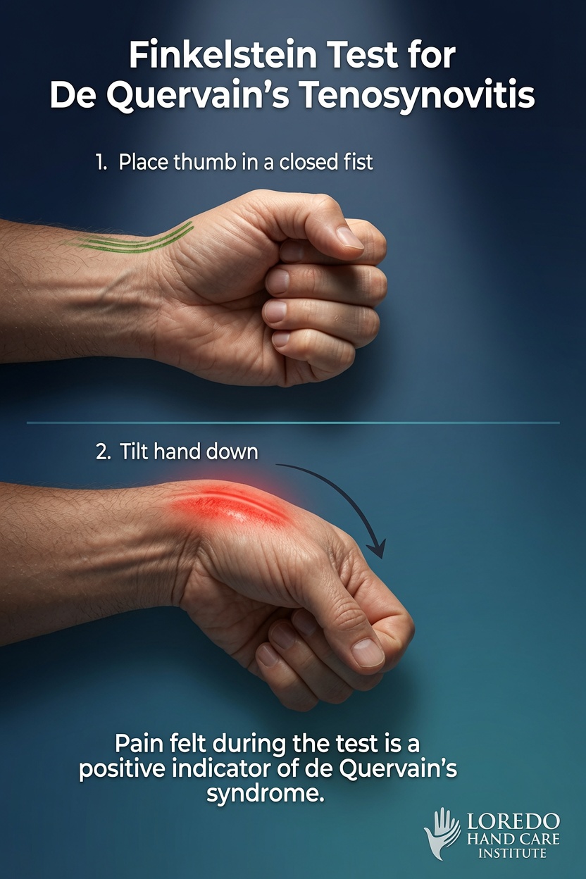 Finkelstein test being performed to confirm De Quervain's tenosynovitis, showing the thumb tucked into the fist with ulnar deviation of the wrist to reproduce radial-sided pain