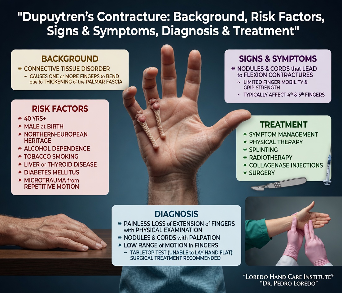 Dupuytren's contracture overview showing palmar nodules, cords, finger flexion contracture, risk factors, and the staged treatment ladder from needle aponeurotomy to collagenase injection to open fasciectomy.