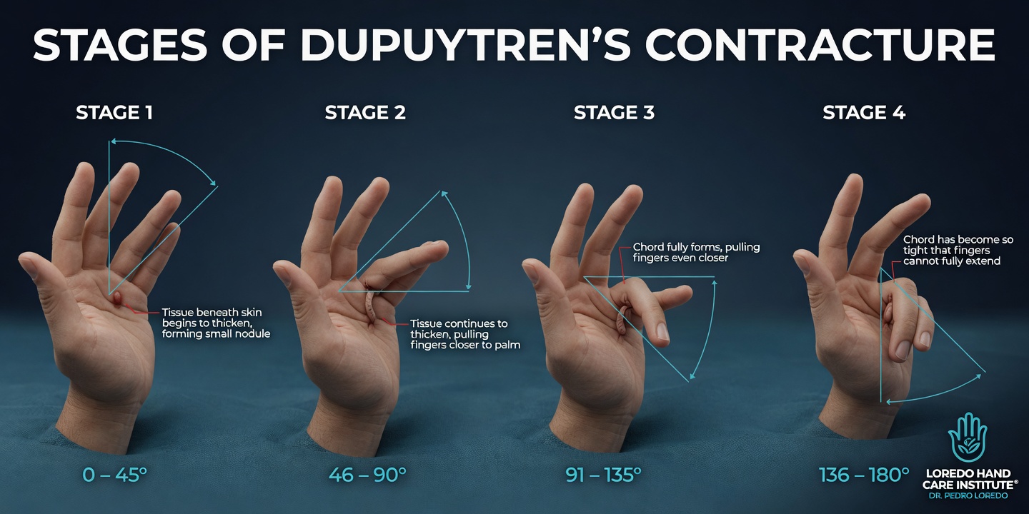 Stages of Dupuytren's contracture from early painless palmar nodule through cord formation to advanced finger flexion contracture preventing the palm from laying flat.