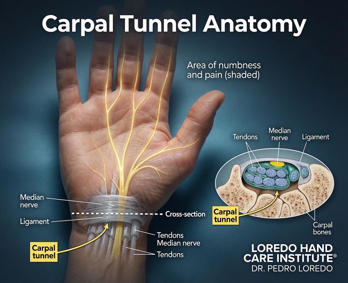 Axial and cross-sectional anatomy of the carpal tunnel at the wrist showing the median nerve, flexor tendons, carpal bones, and transverse carpal ligament