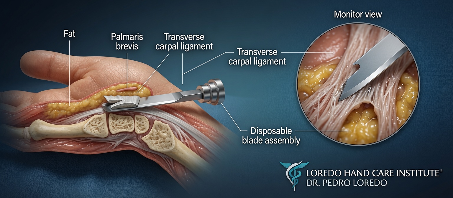 Close-up endoscopic inner view of the carpal tunnel during release showing the transverse carpal ligament being divided under direct visualization
