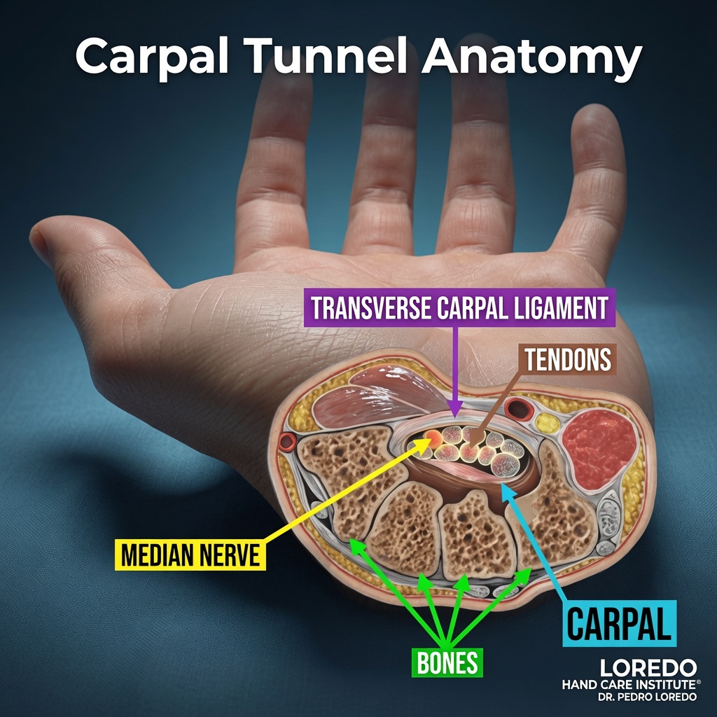 Cross-sectional anatomy of the carpal tunnel showing the relationship between the median nerve, flexor tendons, carpal bones, and the transverse carpal ligament roof