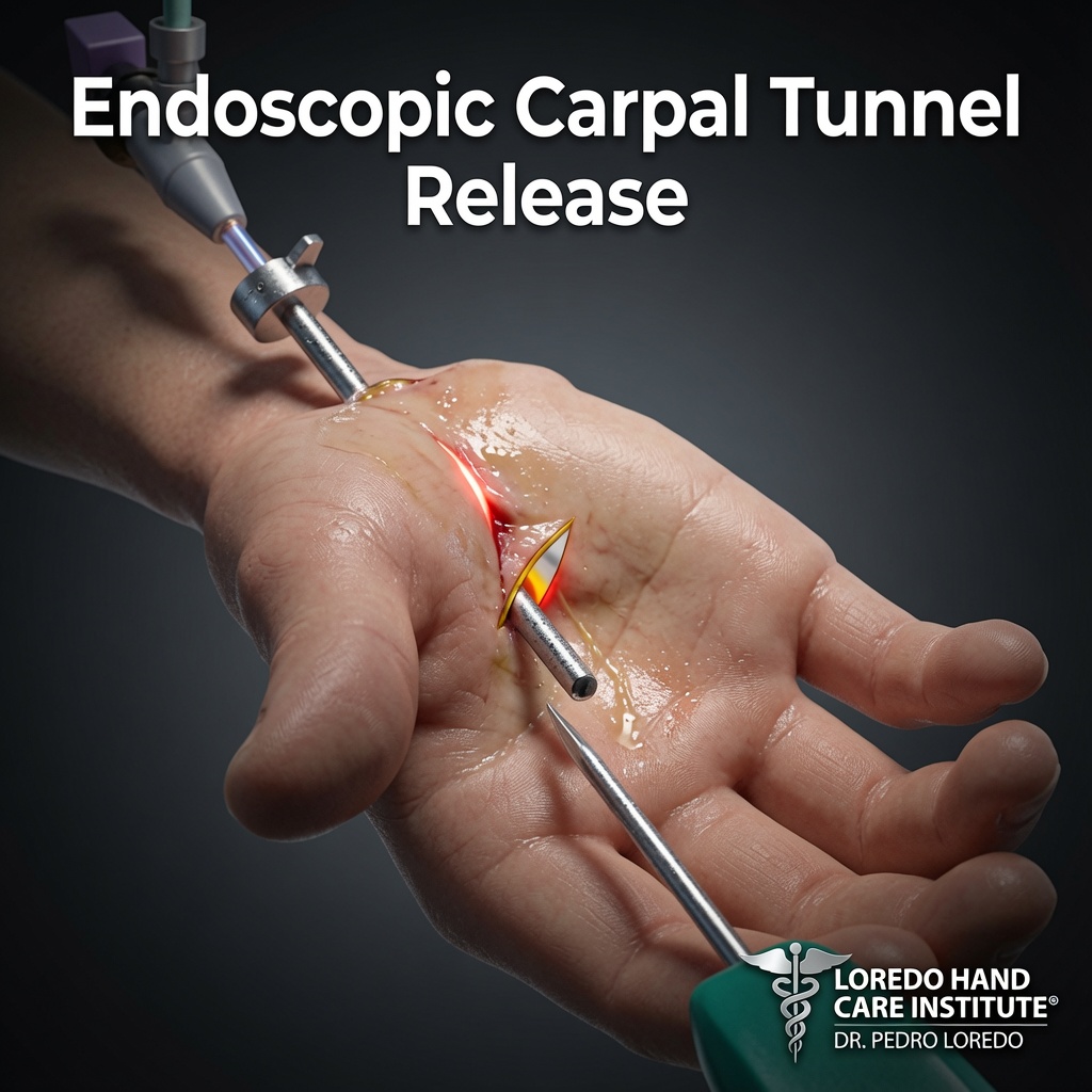 Endoscopic carpal tunnel release procedure showing the endoscope introduced through the wrist incision along the floor of the carpal tunnel