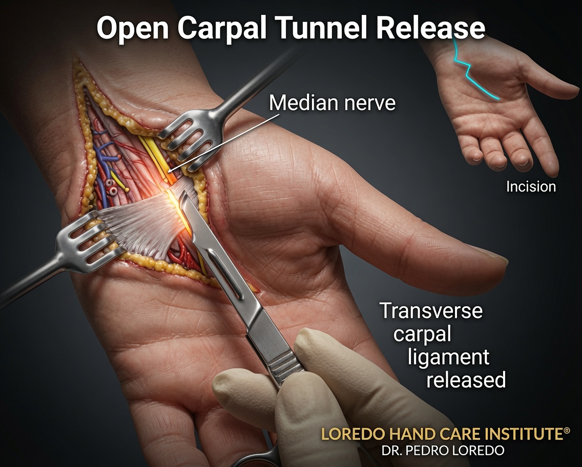 Open carpal tunnel release showing the longer palm incision used to directly visualize and divide the transverse carpal ligament
