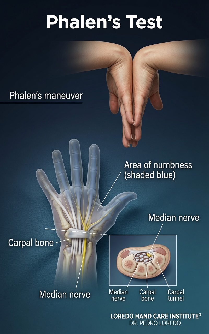 Phalen's test being performed to evaluate for carpal tunnel syndrome, with the wrists held in flexion to reproduce median nerve symptoms