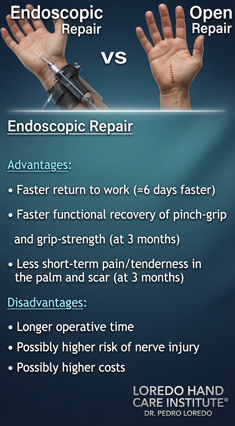 Comparison of recovery timelines between endoscopic and open carpal tunnel release, showing faster return to function with the endoscopic approach