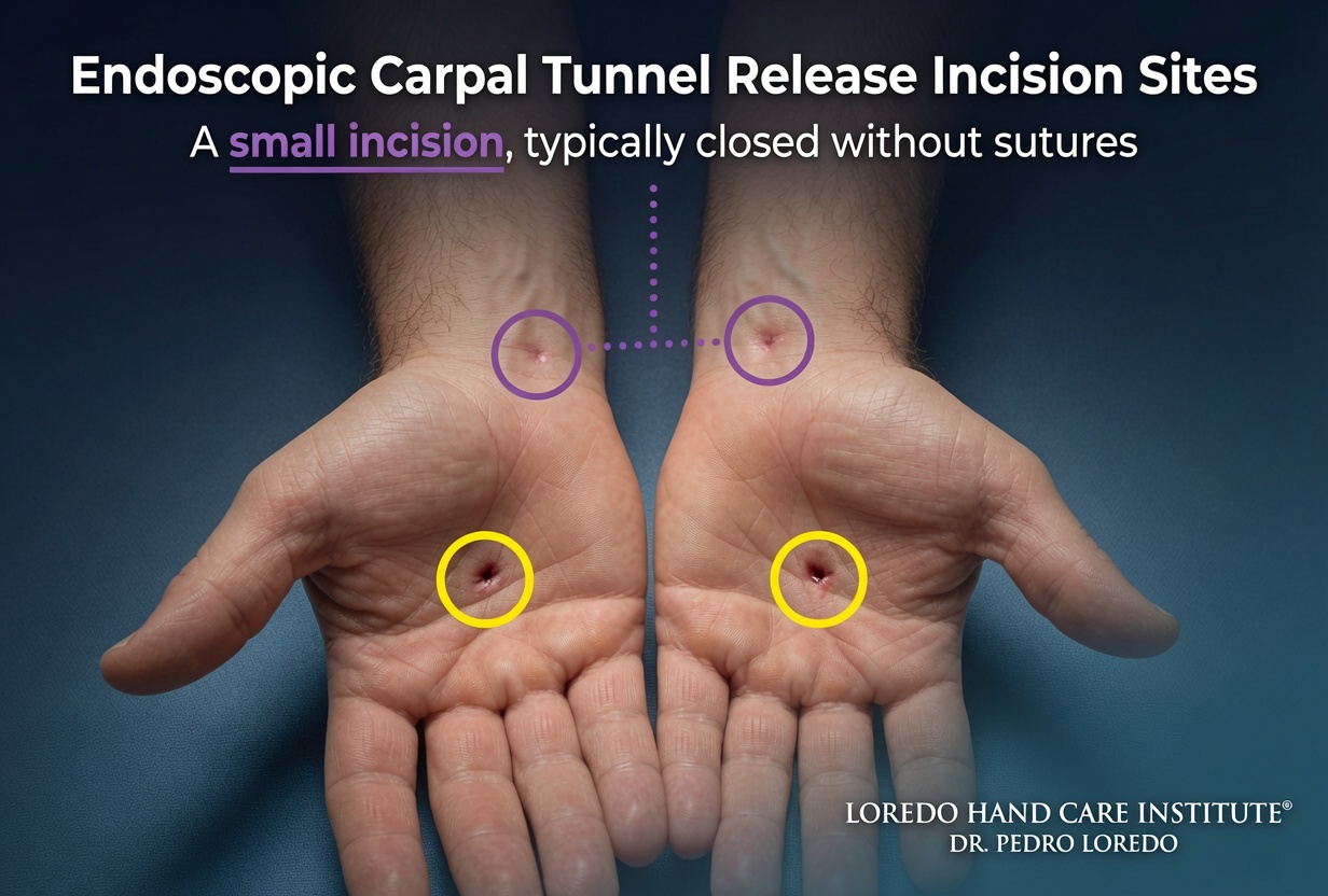 Single micro incision at the wrist crease used for endoscopic carpal tunnel release, shown next to the larger incision required for open release