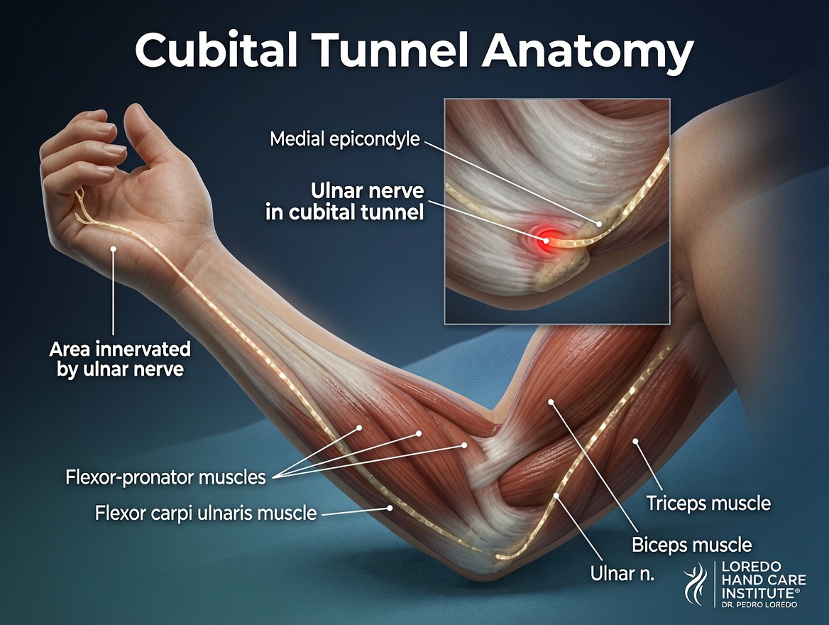 Anatomy of the cubital tunnel at the elbow showing the ulnar nerve passing behind the medial epicondyle beneath Osborne's ligament