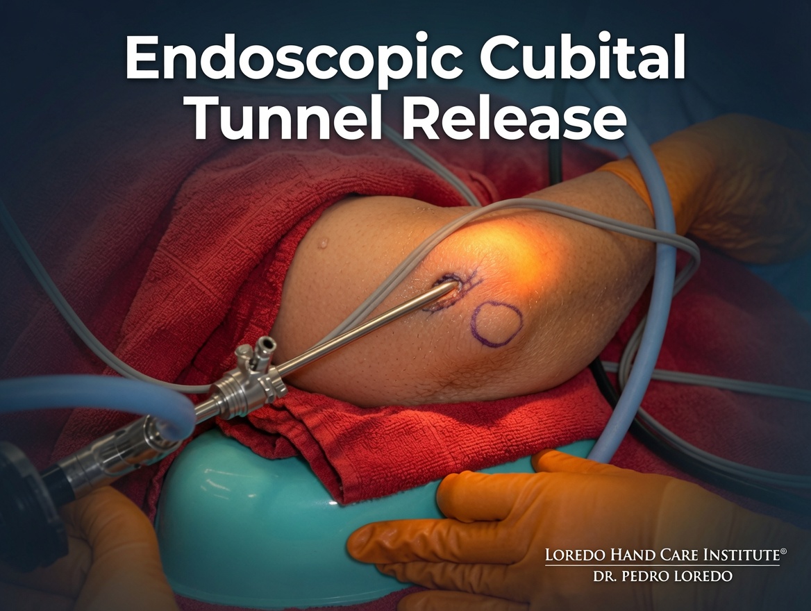 Endoscopic cubital tunnel release with the endoscope introduced at the elbow and advanced down along the forearm path of the ulnar nerve