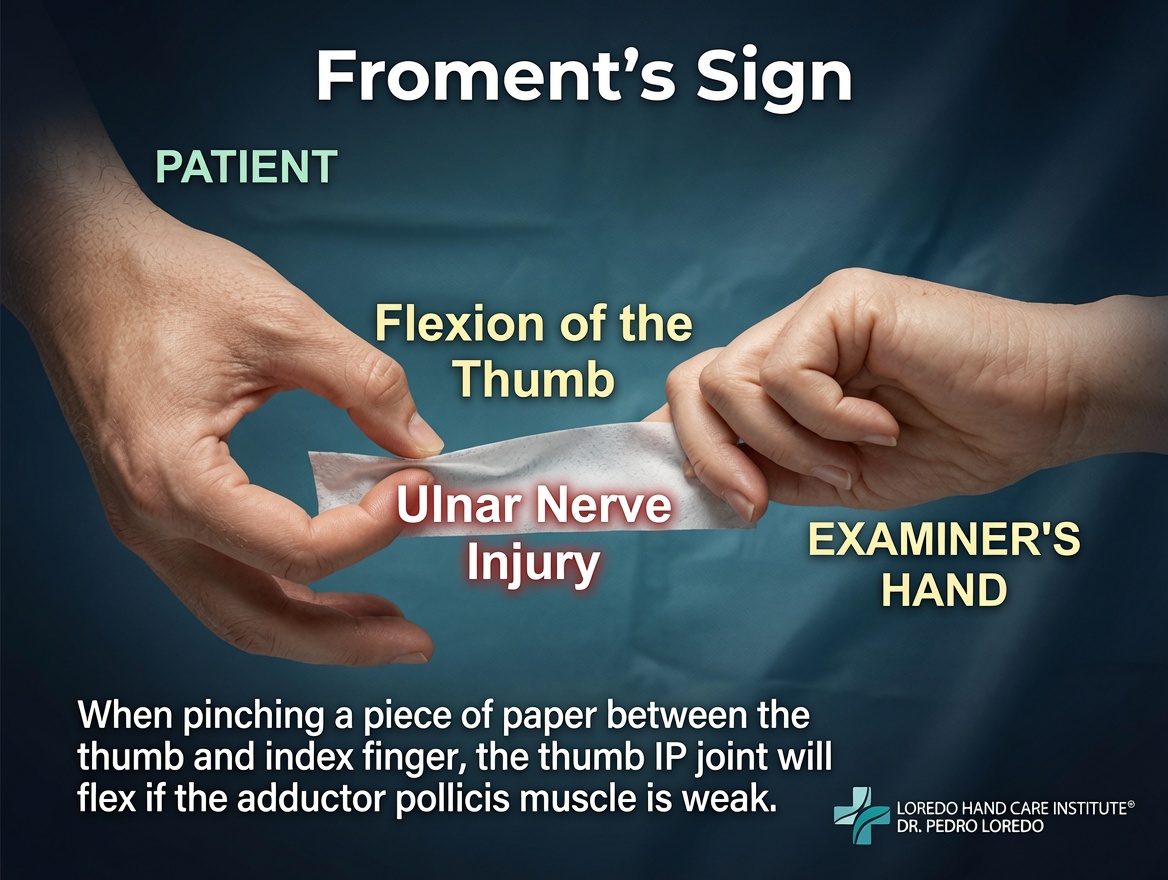 Froment's sign being tested for ulnar nerve dysfunction, showing thumb interphalangeal joint flexion substituting for weak adductor pollicis