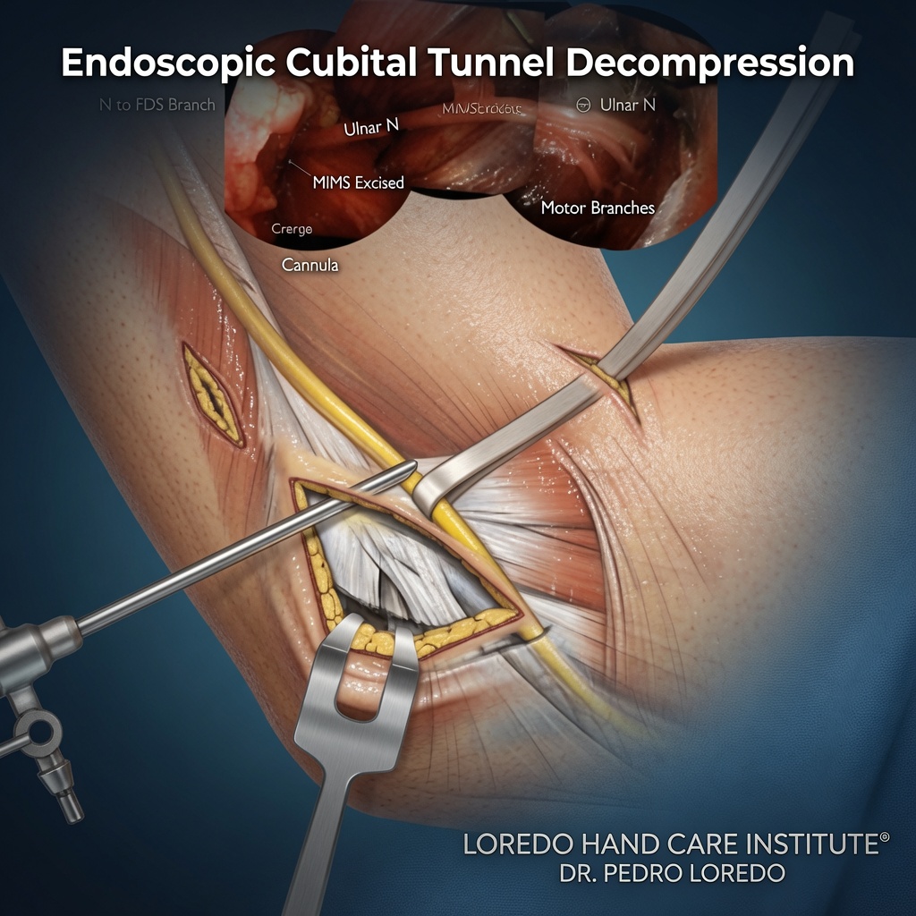 Inner endoscopic anatomy view during cubital tunnel release showing the ulnar nerve and surrounding compressive structures under direct visualization