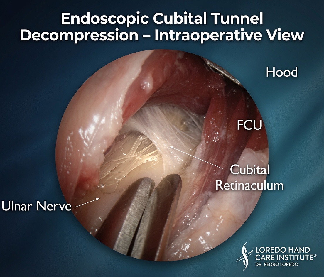 Intraoperative view of cubital tunnel release decompression showing the ulnar nerve freed along its course at the elbow