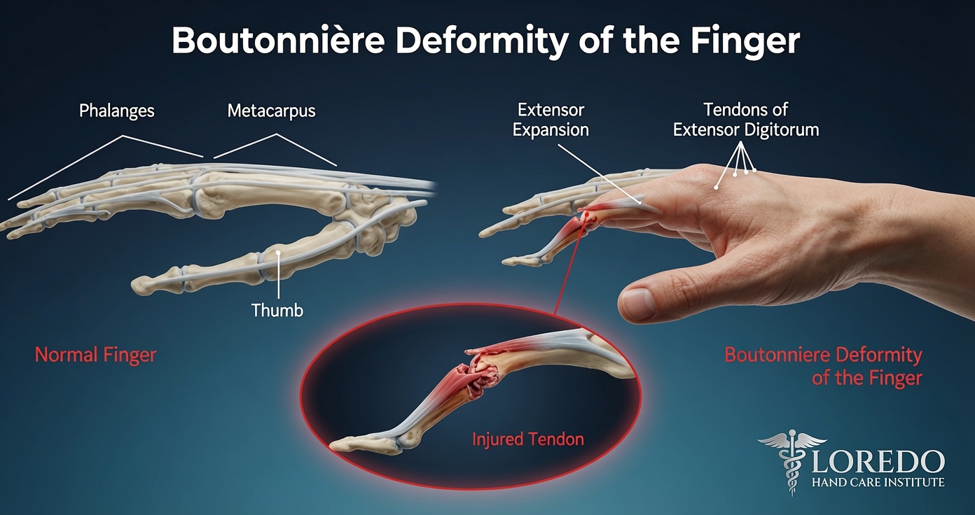 Boutonniere deformity of finger showing PIP joint flexion contracture with DIP joint hyperextension from central slip rupture