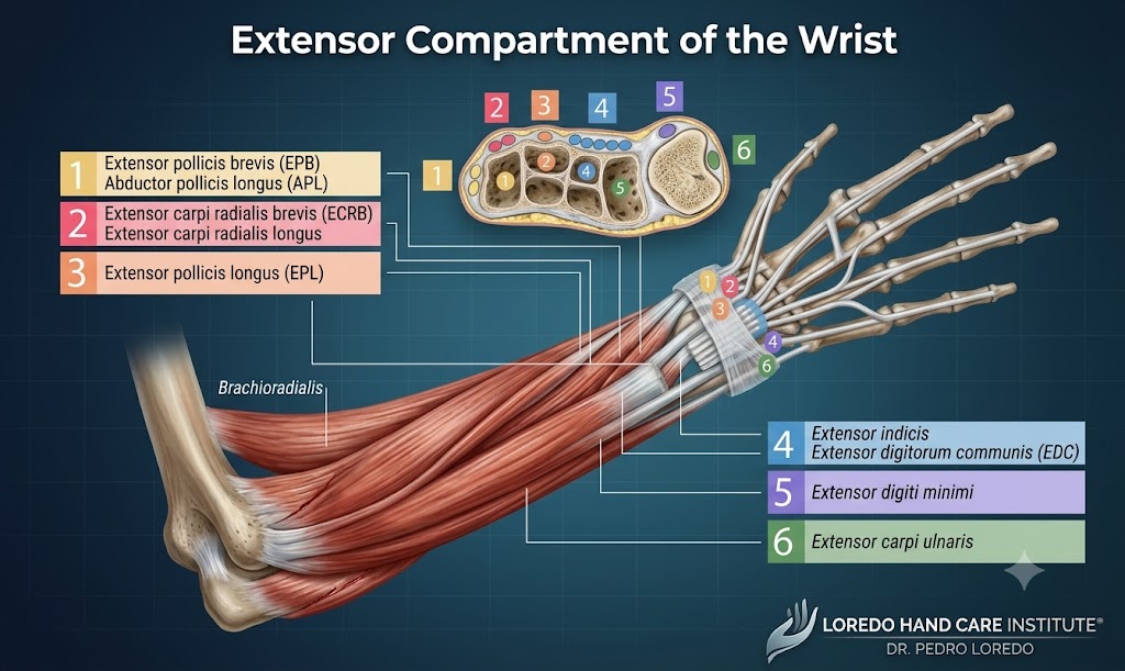 The six dorsal extensor compartments of the wrist holding the wrist and finger extensor tendons under the extensor retinaculum