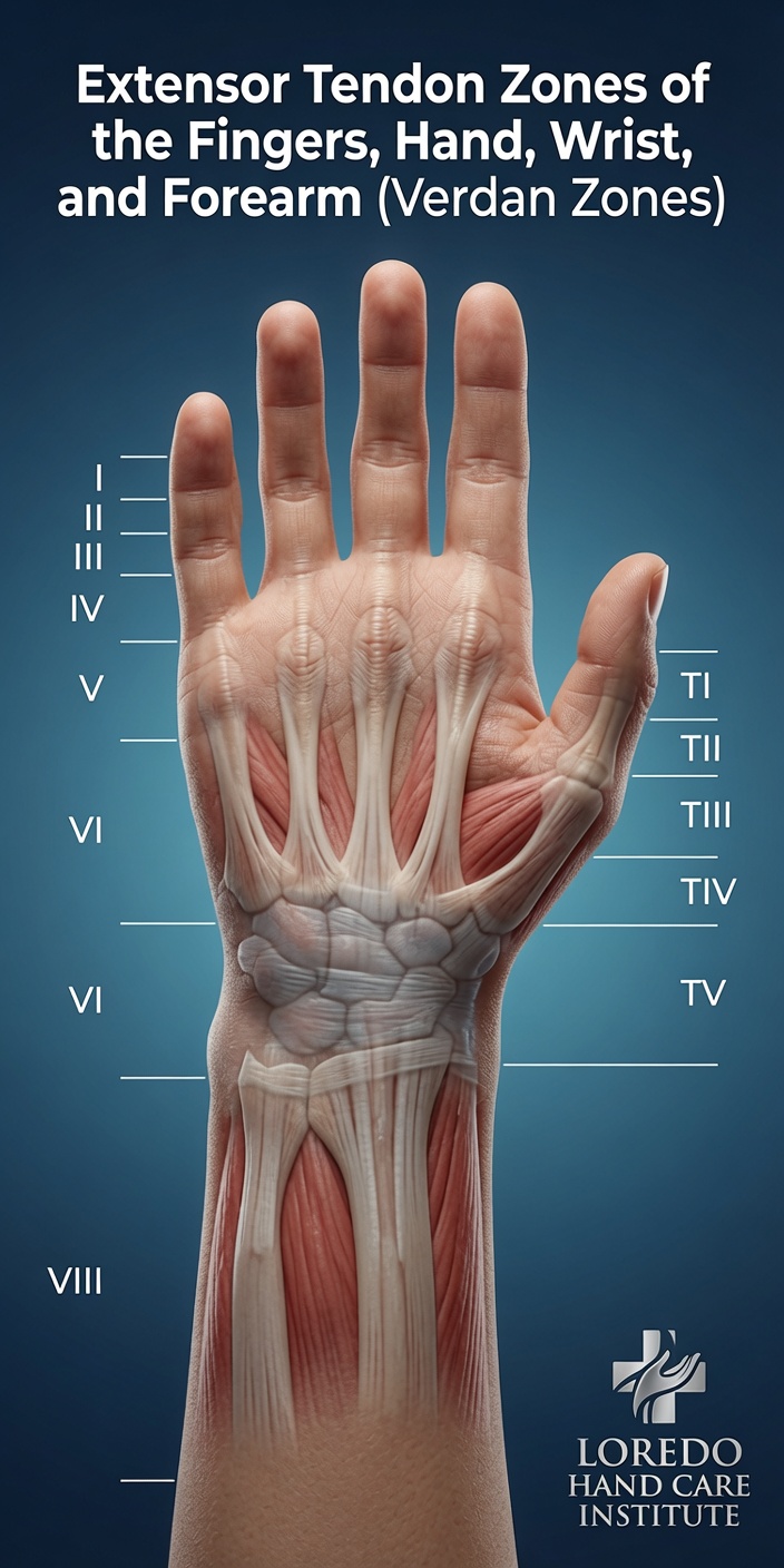 Extensor tendon zones of the fingers, hand, wrist, and forearm showing the extensor mechanism from fingertip to distal forearm