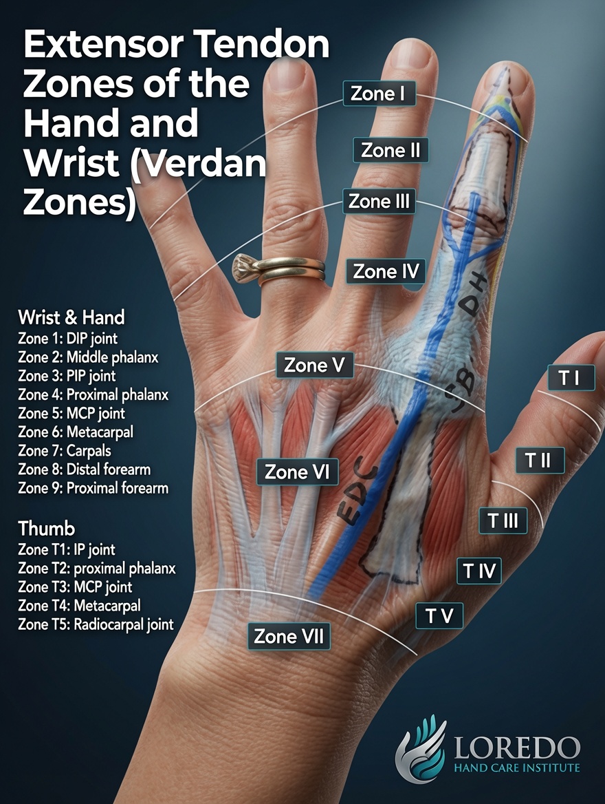 Extensor tendon zones of the hand and wrist showing the modified Verdan classification from the fingertip to the distal forearm