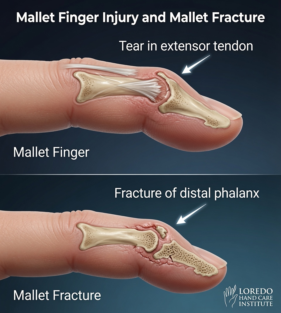 Mallet finger injury and mallet finger fracture showing terminal extensor tendon avulsion at the DIP joint with drooping fingertip