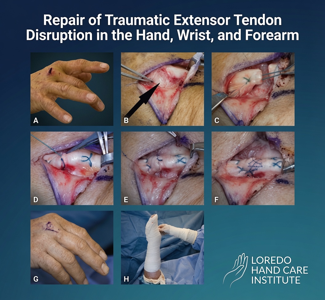 Surgical repair of traumatic extensor tendon disruption in the hand, wrist, and forearm with multi-strand core sutures