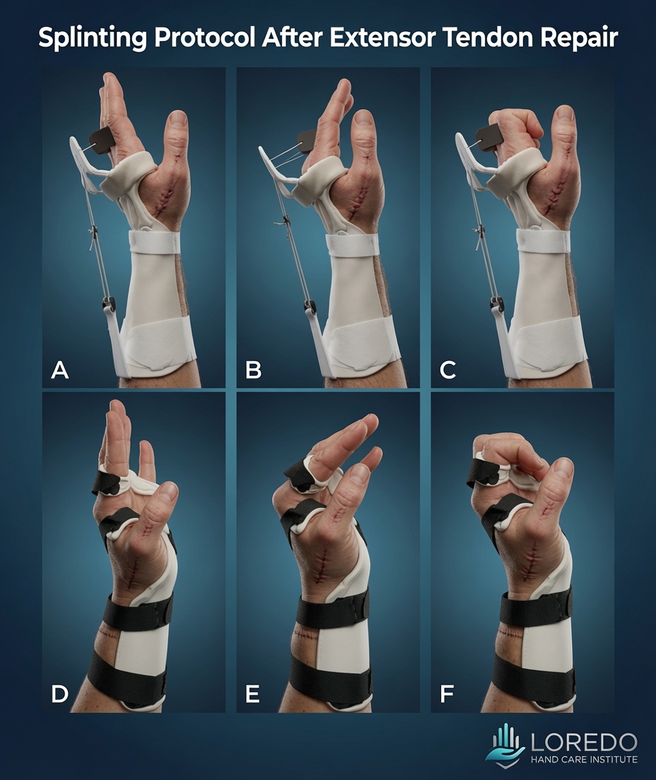 Splinting protocol after extensor tendon repair showing extension splint positioning for the DIP and PIP joints