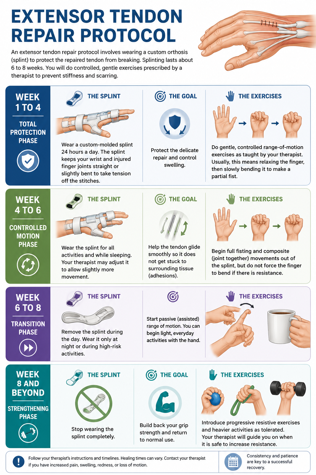 Extensor tendon repair protocol showing the staged splinting and rehabilitation timeline from surgery to full activity