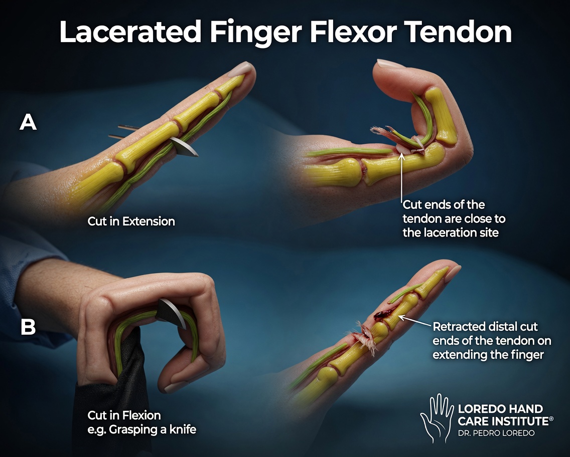 Lacerated finger flexor tendon injury showing a cut across the palmar surface of the finger with the proximal end of the cut tendon retracted into the palm and the affected finger held in extension relative to the other fingers.