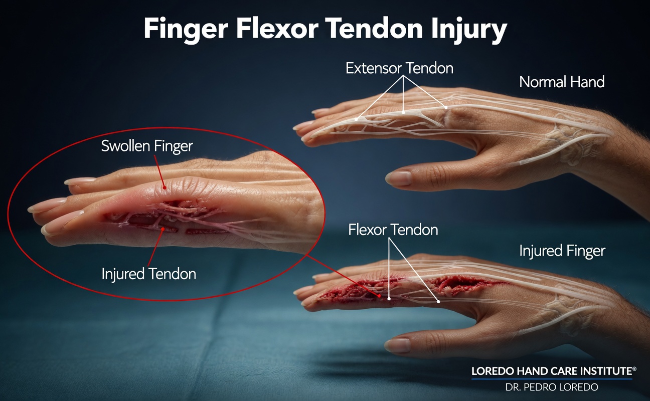 Finger flexor tendon injury overview showing the flexor digitorum profundus and superficialis tendons running through the palm and finger, the Verdan zones from fingertip to forearm, and the inability to bend a specific finger joint after the tendon is cut.